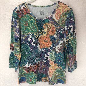 Vicki Wayne Multicolor Paisley Boho Cotton/Poly Blend V-Neck Pullover Top Size M